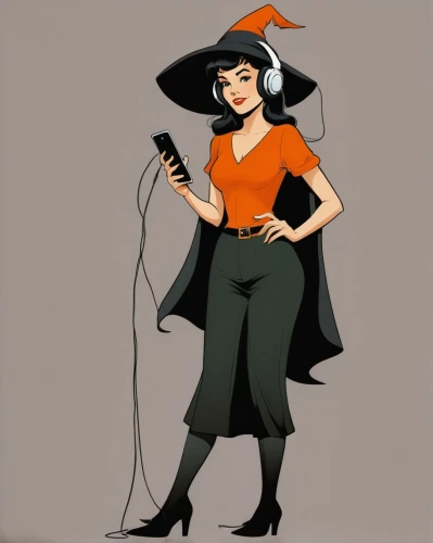 halloween witch,halloween vector character,fashion vector,retro cartoon people,vector girl,rockabella,witch hat,telephone operator,retro girl,retro woman,retro women,retro halloween,witch,fantasia,orange trumpet,witch's hat icon,mulan,tura satana,the hat-female,caricaturist,Illustration,Black and White,Black and White 10