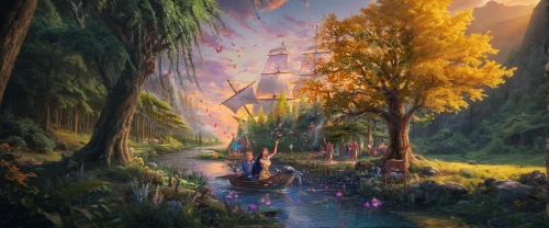 fantasy landscape,fantasy picture,fairy world,an island far away landscape,enchanted forest,fantasy art,elven forest,3d fantasy,world digital painting,fantasy world,fairy forest,boat landscape,landscape background,fairy village,fairytale forest,monkey island,cartoon video game background,enchanted,children's background,forest of dreams