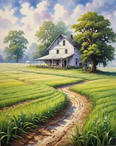 rural landscape,home landscape,farm landscape,farm background,farm house,lonely house,ricefield,landscape background,meadow landscape,farmhouse,country cottage,countryside,country side,green landscape,country house,rural,farm,the farm,the rice field,salt meadow landscape,Illustration,Paper based,Paper Based 09
