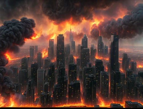 city in flames,apocalyptic,doomsday,post-apocalyptic landscape,destroyed city,armageddon,post-apocalypse,apocalypse,the conflagration,post apocalyptic,end of the world,burning earth,the end of the world,fire background,dystopian,scorched earth,conflagration,black city,world digital painting,digital compositing