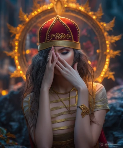 fortune teller,mystical portrait of a girl,fantasy picture,fantasy portrait,photomanipulation,kokoshnik,photo manipulation,girl praying,girl wearing hat,photoshop manipulation,fortune telling,fantasy art,golden crown,the hat of the woman,gold cap,golden heart,world digital painting,masquerade,gold crown,woman praying,Photography,General,Fantasy