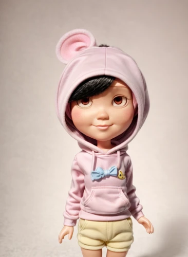 agnes,cute cartoon character,monchhichi,female doll,hoodie,kewpie doll,clay doll,3d figure,3d rendered,clay animation,doll's facial features,3d model,3d render,handmade doll,fashion doll,toy photos,wind-up toy,kewpie dolls,doll figure,funko