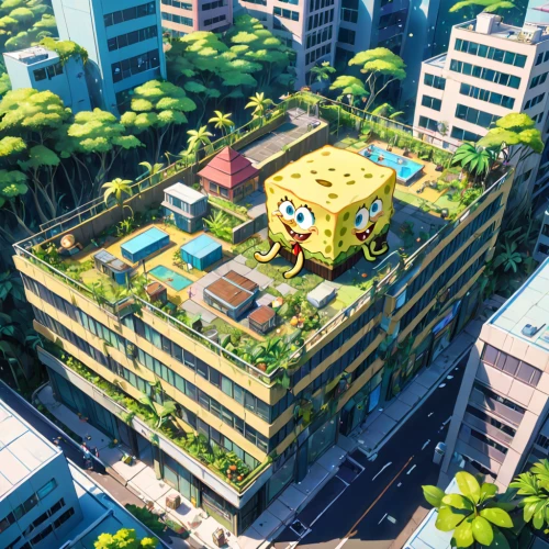 pixaba,house of sponge bob,cubic house,cube house,yellow garden,bee house,roof garden,grass roof,apartment block,roof landscape,mixed-use,house pineapple,roofs,aqua studio,beekeeper plant,bee farm,block of grass,sponge bob,apartment building,residential,Anime,Anime,Realistic