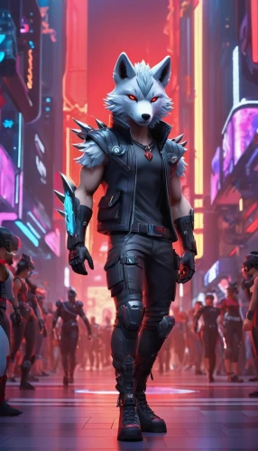 rocket raccoon,enforcer,cyberpunk,patrols,renegade,dusk background,riot,furta,rocket,guardians of the galaxy,cinematic,silver fox,cg artwork,hk,mercenary,raccoon,3d background,infiltrator,grey fox,jackal,Unique,3D,3D Character