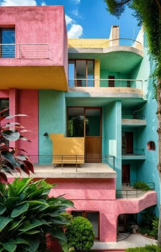 mid century house,mid century modern,miami,modern architecture,colorful facade,cube house,tropical house,cubic house,florida home,south beach,lego pastel,pink squares,an apartment,dunes house,beach house,mid century,cube stilt houses,apartment house,contemporary,suburban,Photography,General,Realistic
