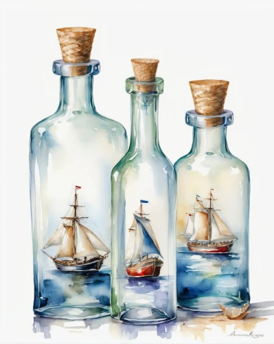 sailing ships,message in a bottle,sailing boats,sailboats,glass bottles,glass containers,watercolor painting,glass painting,three masted sailing ship,three masted,bottles,nautical clip art,sailing ship,watercolor paint,oils,sea sailing ship,perfume bottles,vessels,watercolor baby items,sail ship,Illustration,Paper based,Paper Based 11