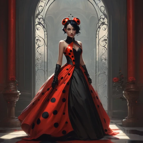 queen of hearts,lady bug,ball gown,two-point-ladybug,ladybug,red gown,gothic dress,lady in red,ladybird,gothic fashion,vampire lady,ladybugs,poppy red,gothic portrait,victorian lady,fairy tale character,cruella de ville,red rose,lady of the night,cruella,Conceptual Art,Fantasy,Fantasy 11