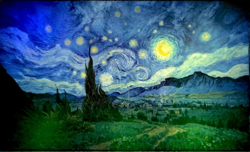 starry night,vincent van gogh,vincent van gough,the night sky,starry sky,night scene,night sky,planet alien sky,art painting,starscape,moon and star background,post impressionism,jupiter moon,moon valley,oil painting on canvas,fantasy art,glass painting,chalk drawing,fantasy picture,valley of the moon