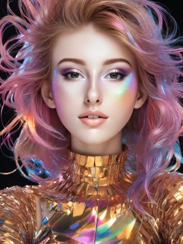 neon makeup,realdoll,airbrushed,aura,fantasy portrait,artificial hair integrations,gradient mesh,cosmetic,gold and purple,prismatic,prism,doll's facial features,gold-pink earthy colors,iridescent,barbie,futuristic,dahlia,disco,natural cosmetic,hair coloring,Photography,Realistic