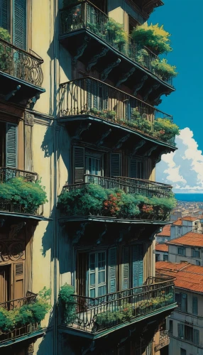 balconies,sky apartment,balcony garden,studio ghibli,an apartment,apartment block,japanese architecture,terraces,roof landscape,skyscraper town,terraced,apartment complex,paris balcony,hanging houses,apartment building,shirakami-sanchi,apartment house,balcony,block balcony,bonsai,Illustration,Japanese style,Japanese Style 14