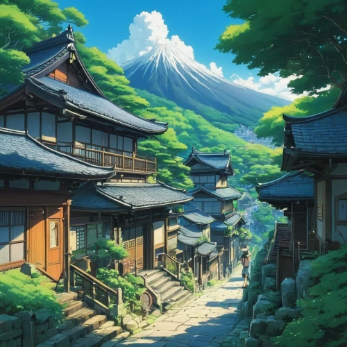 tsukemono,japan landscape,studio ghibli,ryokan,japanese background,ginkaku-ji,roof landscape,japanese mountains,mountain scene,japanese architecture,kyoto,japanese shrine,asian architecture,background with stones,home landscape,mountain village,shinto,mountain settlement,scenery,landscape background,Illustration,Japanese style,Japanese Style 14