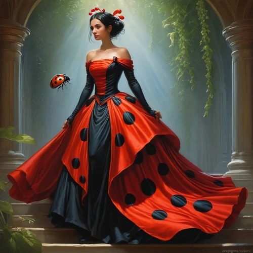 queen of hearts,lady bug,flamenco,ball gown,lady in red,ladybug,red gown,red hot polka,red-hot polka,ladybugs,man in red dress,ladybird,two-point-ladybug,red rose,red roses,red butterfly,girl in a long dress,victorian lady,gothic dress,red berries,Conceptual Art,Fantasy,Fantasy 28
