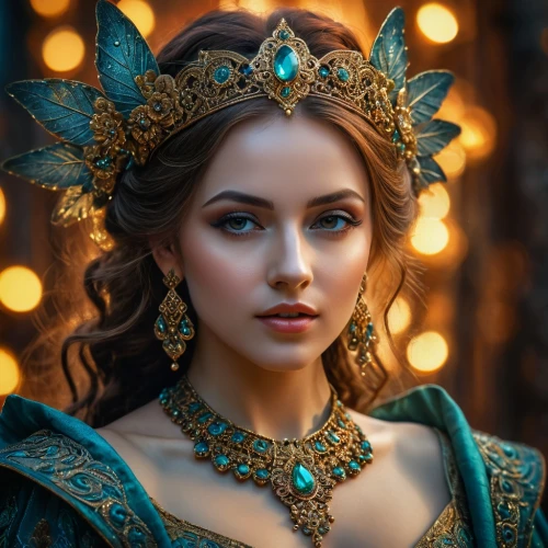 fantasy portrait,fairy queen,golden crown,gold crown,fairy tale character,romantic portrait,diadem,mystical portrait of a girl,celtic queen,fantasy art,faery,the carnival of venice,crowned,venetian mask,celtic woman,gold filigree,princess crown,cleopatra,russian folk style,headpiece,Photography,General,Fantasy