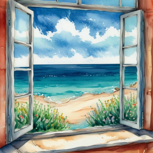 window with sea view,ocean view,seaside view,window,watercolor background,window to the world,sea view,beach landscape,bedroom window,window view,window front,watercolor frame,the window,beach view,beach scenery,beach hut,big window,sea landscape,french windows,seaside country,Illustration,Paper based,Paper Based 25