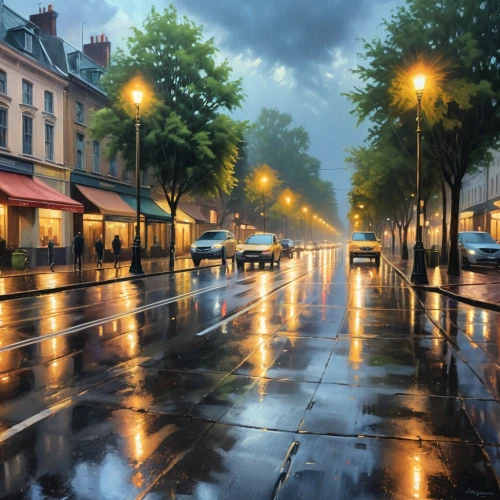 rainy day,rainy,after rain,light rain,evening atmosphere,city scape,walking in the rain,rainy weather,watercolor paris,after the rain,rainstorm,rainy season,rains,street lamps,world digital painting,street lights,street scene,rain,raining,early evening