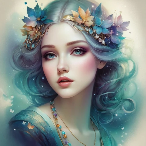 faery,faerie,fantasy portrait,mystical portrait of a girl,fairy queen,fantasy art,flower fairy,blue enchantress,elven flower,jasmine blue,fairy,boho art,romantic portrait,jasmine blossom,beautiful girl with flowers,blue petals,fairy peacock,fantasy picture,rosa 'the fairy,little girl fairy,Illustration,Realistic Fantasy,Realistic Fantasy 15