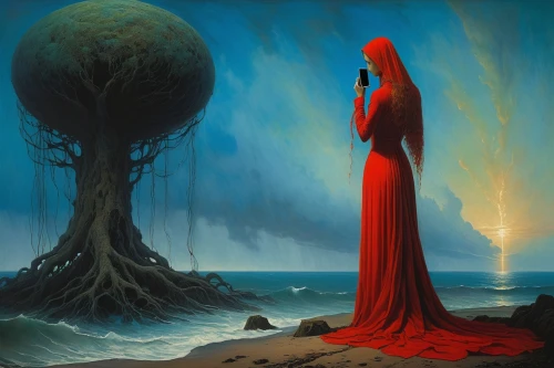 surrealism,man in red dress,fantasy picture,rusalka,fantasy art,dance of death,surrealistic,lady in red,fantasia,red gown,equilibrium,tour to the sirens,lover's grief,sorceress,red balloon,girl with tree,priestess,secret garden of venus,sirens,mysticism,Art,Artistic Painting,Artistic Painting 04