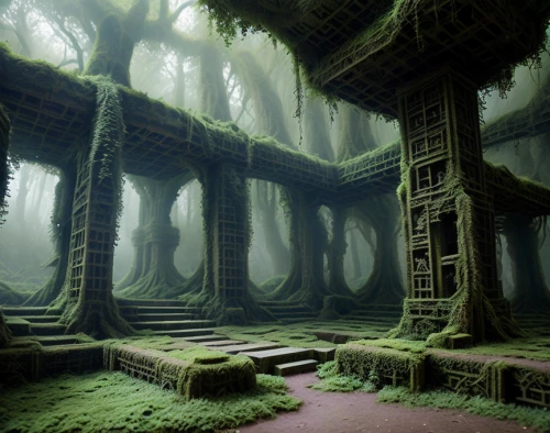 abandoned place,fractal environment,abandoned places,ancient city,3d fantasy,green forest,ancient house,elven forest,hall of the fallen,pillars,ancient buildings,abandoned,ruins,haunted forest,labyrinth,sunken church,lost place,enchanted forest,ghost castle,maze