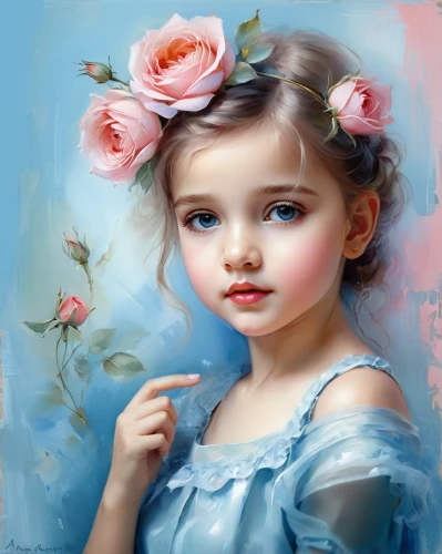 child portrait,flower painting,little girl in pink dress,photo painting,art painting,oil painting,painter doll,digital painting,oil painting on canvas,girl in flowers,girl portrait,romantic portrait,little girl,world digital painting,soft pastel,innocence,child girl,children's background,portrait of a girl,blue painting