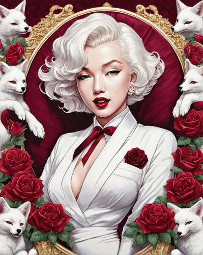 white rose snow queen,rose white and red,marylyn monroe - female,rosebushes,red roses,valentine pin up,red rose,roses,queen of hearts,valentine day's pin up,white rose,white roses,cruella de ville,scent of roses,wild roses,white rabbit,rosa ' amber cover,porcelain rose,cruella,femme fatale,Illustration,Japanese style,Japanese Style 04