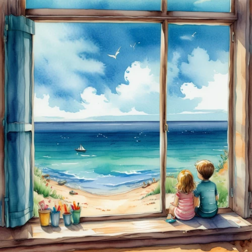 seaside view,ocean view,window with sea view,seaside country,summer day,sea view,seaside,by the sea,beach view,beach scenery,sea-shore,sea breeze,window view,dream beach,window to the world,watercolor cafe,open sea,summer evening,beach hut,sea ocean,Illustration,Paper based,Paper Based 25
