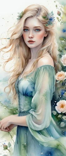 white rose snow queen,fairy tale character,jessamine,faery,eglantine,rosa 'the fairy,faerie,girl in flowers,alice,water rose,watercolor women accessory,watercolor background,fairy queen,rosa ' the fairy,mermaid background,mystical portrait of a girl,blue rose,fantasy portrait,fae,fantasy art,Illustration,Paper based,Paper Based 11