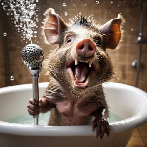 musical rodent,shower of sparks,shower head,spark of shower,shower,domestic pig,backing vocalist,teacup pigs,taking a bath,water bath,anthropomorphized animals,singing,brush ear pig,mini pig,hoglet,wild boar,bath toy,funny animals,pig,to bathe,Photography,General,Cinematic