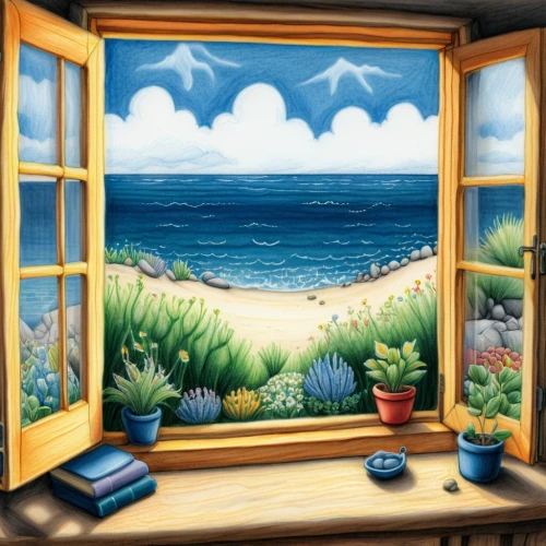 window with sea view,seaside view,window treatment,beach hut,window curtain,ocean view,beach landscape,sea landscape,bedroom window,window to the world,window covering,home landscape,seaside country,sea view,french windows,wooden windows,the window,glass painting,window front,sea-shore,Illustration,Abstract Fantasy,Abstract Fantasy 22