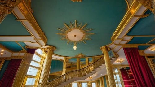 entrance hall,peterhof palace,circular staircase,royal interior,staircase,ornate room,crown palace,outside staircase,ballroom,catherine's palace,hall roof,art nouveau,winding staircase,europe palace,hallway,gold castle,interior decor,art nouveau design,grand hotel,athenaeum,Photography,General,Realistic