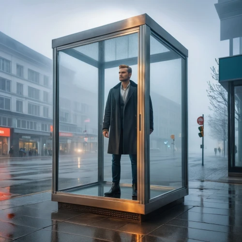 vitrine,revolving door,bus shelters,spy-glass,dialogue window,transporter,framed,droste effect,magic mirror,public sale,mirror house,malmö,bus stop,interactive kiosk,phone booth,man with umbrella,looking glass,payphone,overcoat,hötorget,Photography,General,Realistic