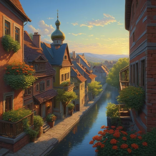 alsace,medieval town,spa town,colmar,rothenburg,escher village,speicherstadt,old town,freiburg,aurora village,summer evening,alpine village,bamberg,colmar city,germany,bremen town musicians,bremen,nuremberg,the old town,cobblestone,Illustration,Realistic Fantasy,Realistic Fantasy 27