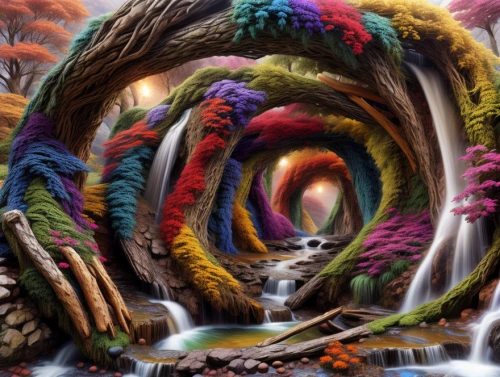 psychedelic art,colorful spiral,colorful tree of life,rainbow bridge,cascading,fantasy art,fractals art,3d fantasy,world digital painting,hallucinogenic,art forms in nature,fairy world,fractal environment,tapestry,fantasy picture,fantasy landscape,rainbow world map,mushroom landscape,surrealistic,psychedelic