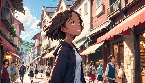 studio ghibli,shopping street,girl walking away,street scene,stroll,narrow street,little girl in wind,ginza,girl with speech bubble,the street,china town,strolling,city ​​portrait,alleyway,chinatown,paris shops,alley,girl in a long,the girl at the station,girl in a historic way,Anime,Anime,Traditional