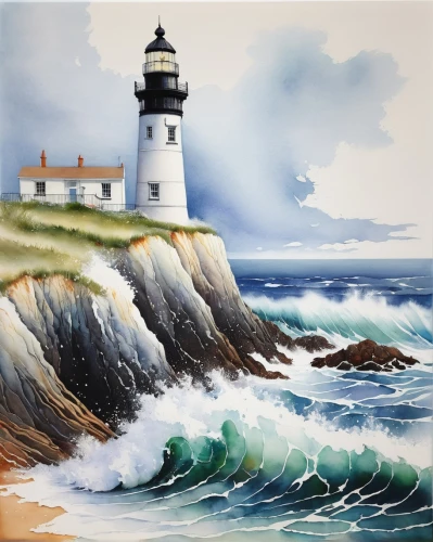 light house,electric lighthouse,crisp point lighthouse,lighthouse,point lighthouse torch,light station,petit minou lighthouse,coastal landscape,maine,battery point lighthouse,red lighthouse,pigeon point,portland head light,seascape,carol colman,sea landscape,beach landscape,painting technique,seascapes,watercolor painting,Illustration,Paper based,Paper Based 15