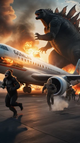 air new zealand,game illustration,godzilla,air travel,alligator alley,sci fiction illustration,game art,airlines,raptor,fire breathing dragon,airline travel,jurassic,emergency aircraft,digital compositing,747,dragons,action-adventure game,giant lizard,dragon fire,plane crash,Photography,General,Realistic