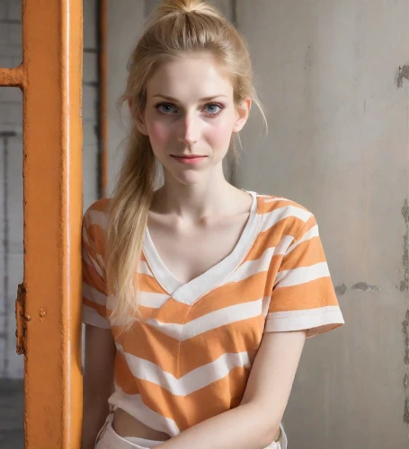 girl in t-shirt,young woman,portrait of a girl,paleness,striped background,blond girl,clementine,orange color,realdoll,blonde girl,cotton top,polo shirt,madeleine,pretty young woman,orange,horizontal stripes,orange cream,beautiful young woman,blonde woman,orange half,Photography,Realistic