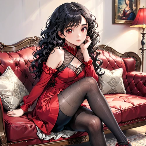 winter dress,victorian lady,victorian style,poker primrose,red bow,sitting on a chair,lady in red,velvet,diamond red,elegance,silk red,elegant,erika,azalea,female doll,stockings,nero,victorian,bright red,velvet elke,Anime,Anime,General