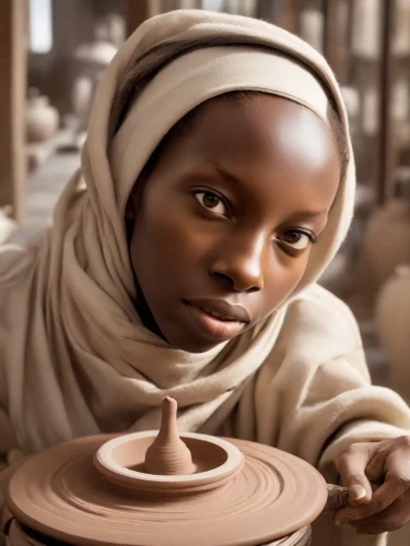 bowl of chocolate,afar tribe,clay animation,milk chocolate,lalibela,confectioner,pottery,clay packaging,chocolatier,african woman,clay doll,african art,buckwheat flour,girl with cereal bowl,cup of cocoa,chocolate marshmallow,chocolate,shea butter,aquafaba,clay figures,Photography,Cinematic