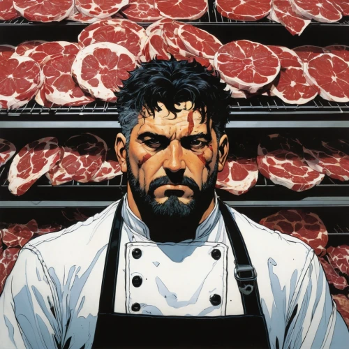 butcher shop,butcher,prosciutto,meat kane,dryaged,chef,meat counter,men chef,meat analogue,butcher ax,galloway beef,lardo,meats,raw meat,butchery,soppressata,meat carving,meat,salumi,meat cutter,Illustration,American Style,American Style 06