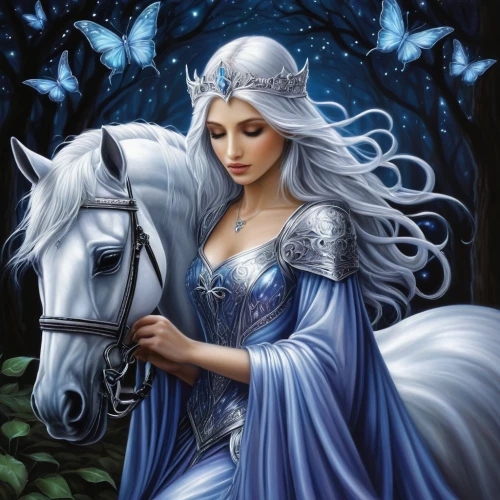a white horse,white rose snow queen,white horse,the snow queen,fantasy art,fantasy picture,ice queen,unicorn art,constellation unicorn,fantasy portrait,fairy tale character,blue enchantress,white horses,arabian horse,beautiful horses,fantasy woman,dream horse,suit of the snow maiden,silvery blue,equine,Conceptual Art,Fantasy,Fantasy 30
