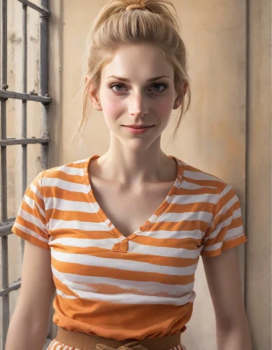 orange,cotton top,striped background,orange color,girl in t-shirt,in a shirt,tee,pixie-bob,polo shirt,orange half,updo,madeleine,poppy,orange cream,clementine,pompadour,horizontal stripes,stripes,realdoll,liberty cotton,Photography,Realistic