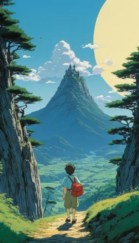 studio ghibli,my neighbor totoro,mountain world,mountain scene,mountain,alpine crossing,background image,the spirit of the mountains,wander,japanese alps,moc chau hill,mountain guide,mountain spirit,journey,mountains,mountain landscape,background with stones,giant mountains,goat mountain,would a background,Illustration,Japanese style,Japanese Style 14