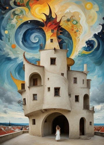 dovecote,the white torch,fantasy art,el salvador dali,fireplaces,pigeon house,caravansary,surrealism,house of prayer,shamanism,ancient house,fire artist,torch-bearer,fairy chimney,church painting,pillar of fire,tower of babel,shamanic,castel,woman house