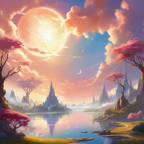 fantasy landscape,fantasy picture,purple landscape,fairy world,landscape background,fantasy world,hot-air-balloon-valley-sky,dream world,dusk background,lunar landscape,mushroom landscape,fantasia,fantasy art,an island far away landscape,dreamland,3d fantasy,moon and star background,beautiful landscape,high landscape,druid grove,Illustration,Realistic Fantasy,Realistic Fantasy 01