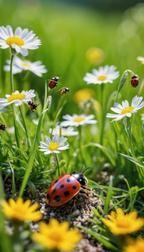 ladybugs,ladybird beetle,ladybug,asian lady beetle,small meadow,meadow flowers,flowering meadow,flower meadow,wild flowers,rose beetle,summer meadow,lady bug,ladybird,two-point-ladybug,wildflowers,wildflower meadow,spring nature,daisies,wild meadow,meadow daisy,Photography,General,Realistic