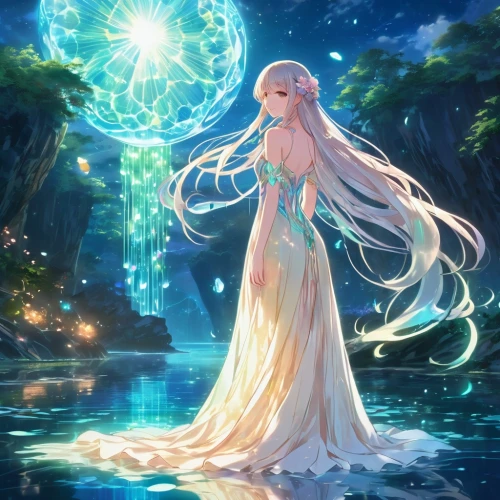 water-the sword lily,rusalka,bridal veil,fantasia,luminous,zodiac sign libra,libra,fae,mermaid background,water rose,aurora,virgo,violet evergarden,celestial event,water nymph,magical,magi,celestial,lilly of the valley,fairy galaxy,Illustration,Japanese style,Japanese Style 03