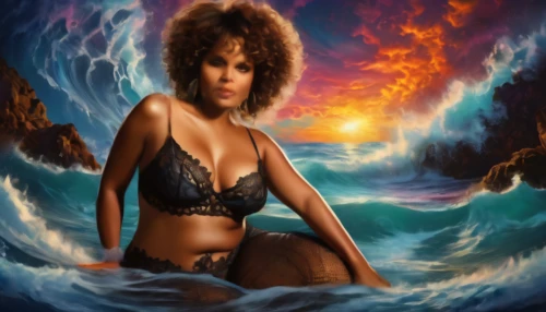 the sea maid,tidal wave,fantasy art,african american woman,black woman,fire and water,black women,black jane doe,fantasy picture,god of the sea,fantasy woman,big waves,afro-american,world digital painting,jheri curl,neptune,moana,digital compositing,sea water,girl on the boat
