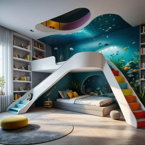 underwater playground,kids room,children's bedroom,children's room,aquarium decor,little man cave,baby room,children's interior,great room,sky apartment,sleeping room,the little girl's room,3d fantasy,interior design,boy's room picture,aqua studio,playing room,penthouse apartment,modern room,play area,Photography,General,Natural