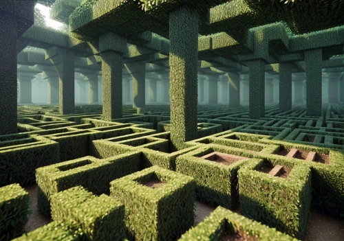 ravine,maze,hollow blocks,mushroom landscape,tileable,catacombs,dungeon,underground lake,dungeons,elven forest,fractal environment,cubes,forest glade,block of grass,vines,render,green forest,ancient city,minecraft,terraforming