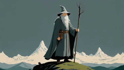 gandalf,mountain guide,jrr tolkien,the wizard,the spirit of the mountains,wizard,the wanderer,elven,norse,old man of the mountain,father frost,hobbit,albus,pilgrim,mountaineer,viking,moses,excalibur,adventurer,odin,Illustration,Japanese style,Japanese Style 08